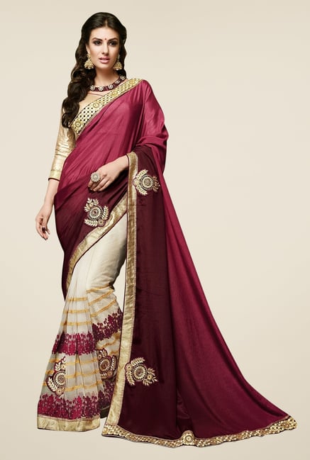 Triveni Off White & Maroon Satin Chiffon Net Saree Triveni Off White & Maroon Satin Chiffon Net Saree