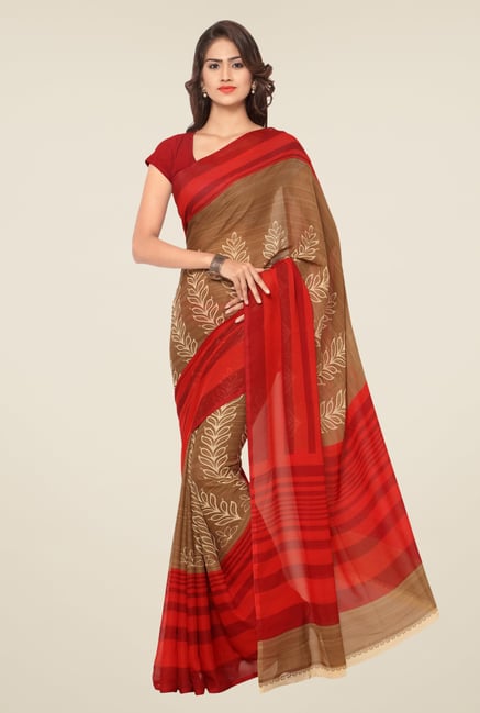 Triveni Brown & Red Printed Art Silk Saree Triveni Brown & Red Printed Art Silk Saree