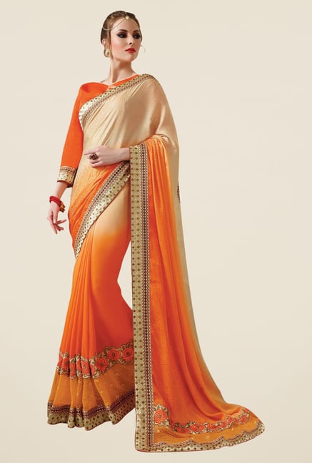 Triveni Orange & Beige Embroidered Faux Georgette Saree Triveni Orange & Beige Embroidered Faux Georgette Saree