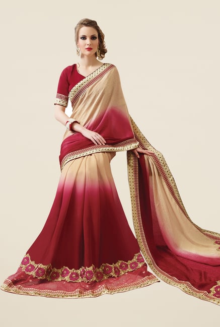 Triveni Maroon & Beige Embroidered Faux Georgette Saree Triveni Maroon & Beige Embroidered Faux Georgette Saree