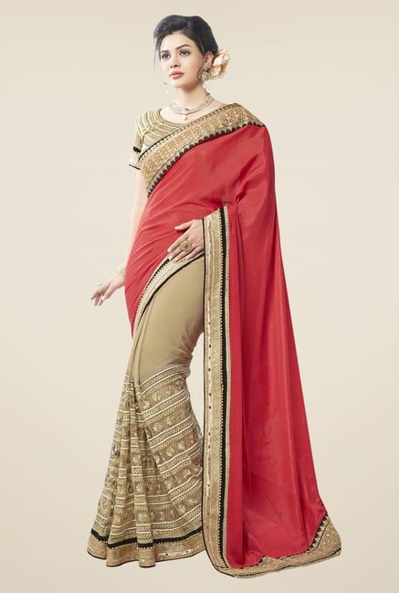 Triveni Beige & Red Embroidered Faux Georgette Saree Triveni Beige & Red Embroidered Faux Georgette Saree