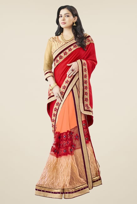 Triveni Orange & Red Embroidered Faux Georgette Saree Triveni Orange & Red Embroidered Faux Georgette Saree
