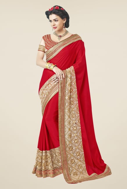 Triveni Red Embroidered Faux Georgette Saree Triveni Red Embroidered Faux Georgette Saree
