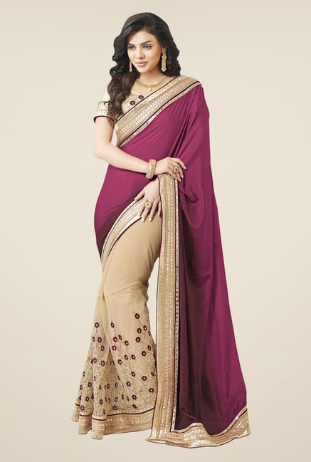 Triveni Beige & Purple Embroidered Faux Georgette Saree Triveni Beige & Purple Embroidered Faux Georgette Saree