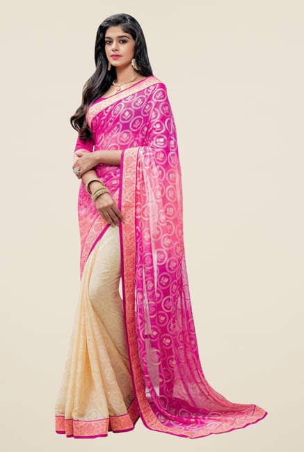 Triveni Beige & Pink Printed Brasso Saree Triveni Beige & Pink Printed Brasso Saree