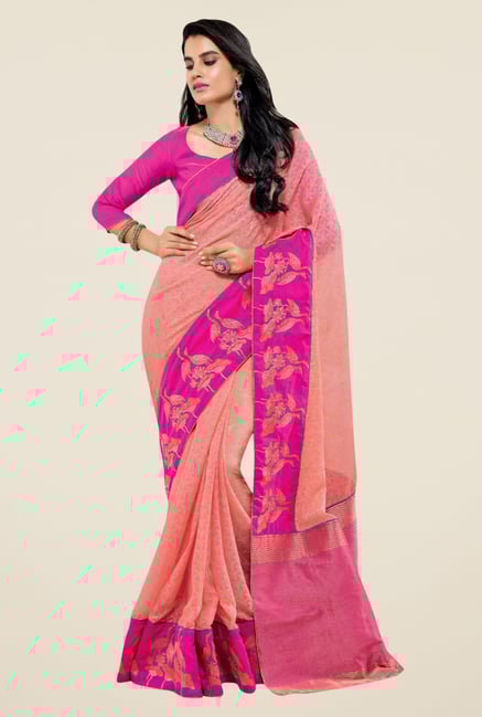 Triveni Peach & Pink Printed Brasso Saree Triveni Peach & Pink Printed Brasso Saree