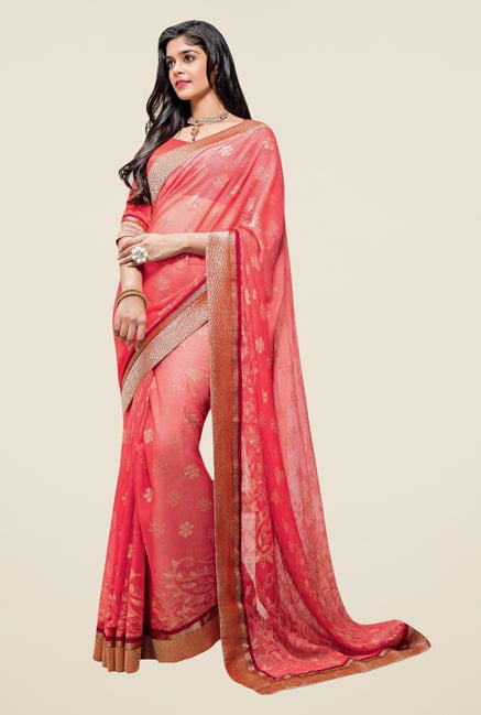 Triveni Pink Floral Print Brasso Saree Triveni Pink Floral Print Brasso Saree