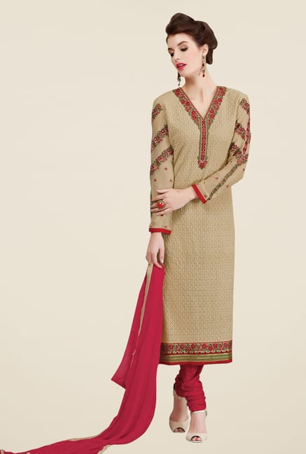 Triveni Exuberant Beige & Pink Faux Georgette Dress Material Triveni Exuberant Beige & Pink Faux Georgette Dress Material