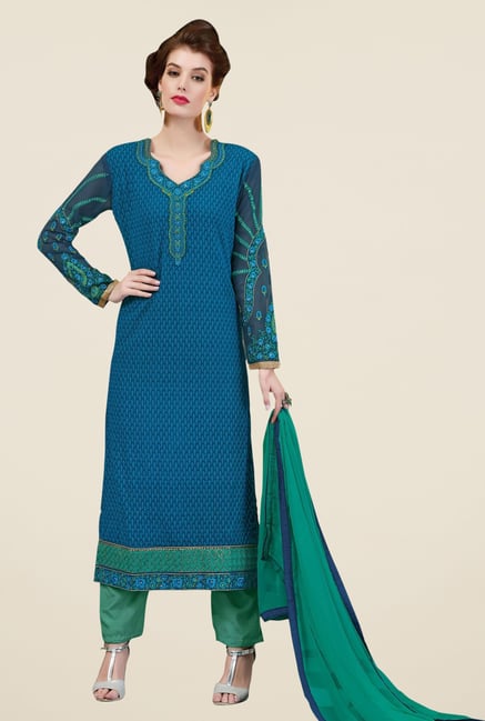 Triveni Striking Blue & Teal Faux Georgette Dress Material Triveni Striking Blue & Teal Faux Georgette Dress Material