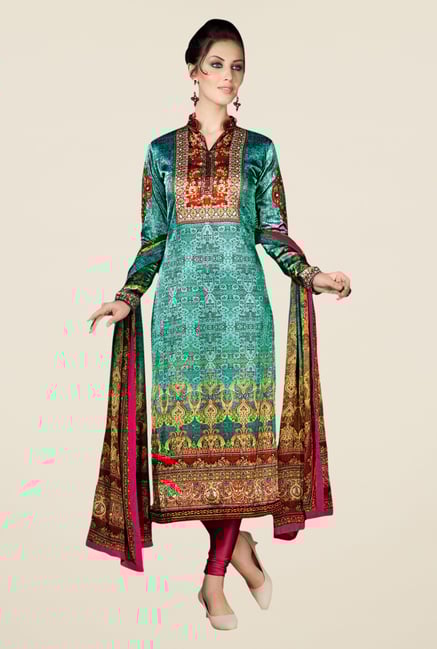 Triveni Beautiful Green & Pink Satin Crepe Dress Material Triveni Beautiful Green & Pink Satin Crepe Dress Material