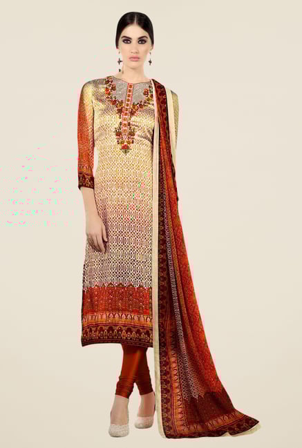 Triveni Classy Beige & Brown Satin Crepe Dress Material Triveni Classy Beige & Brown Satin Crepe Dress Material