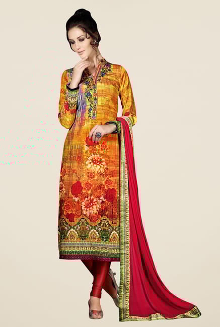 Triveni Smart Yellow & Pink Satin Crepe Dress Material Triveni Smart Yellow & Pink Satin Crepe Dress Material