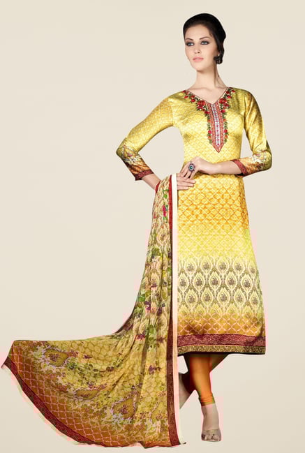 Triveni Trendy Yellow & Orange Satin Crepe Dress Material Triveni Trendy Yellow & Orange Satin Crepe Dress Material