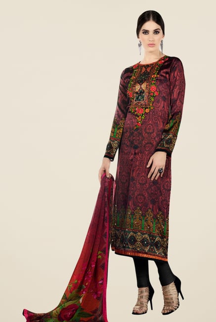 Triveni Lovely Maroon & Black Satin Crepe Dress Material Triveni Lovely Maroon & Black Satin Crepe Dress Material