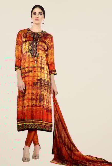 Triveni Striking Orange Satin Crepe Dress Material Triveni Striking Orange Satin Crepe Dress Material
