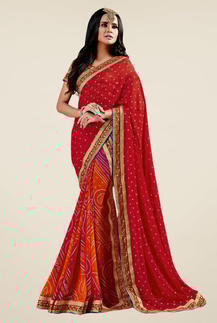 Triveni Appreciable Orange & Red Georgette Chiffon Saree Triveni Appreciable Orange & Red Georgette Chiffon Saree