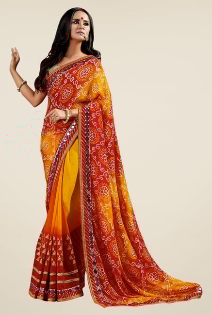 Triveni Impressive Yellow & Red Faux Georgette Saree Triveni Impressive Yellow & Red Faux Georgette Saree