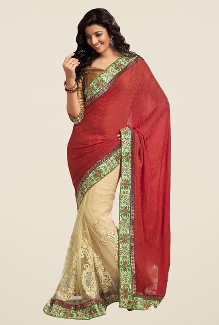 Triveni Luxurious Beige & Maroon Crape Net Saree Triveni Luxurious Beige & Maroon Crape Net Saree
