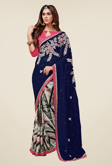 Triveni Admirable Off White & Navy Faux Georgette Saree Triveni Admirable Off White & Navy Faux Georgette Saree