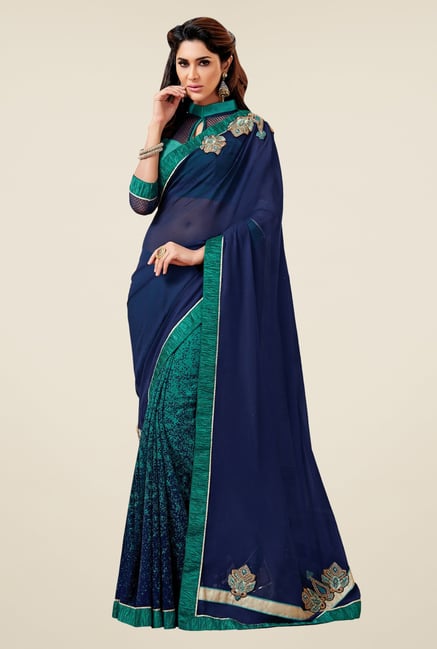 Triveni Fabulous Teal & Navy Georgette Net Saree Triveni Fabulous Teal & Navy Georgette Net Saree
