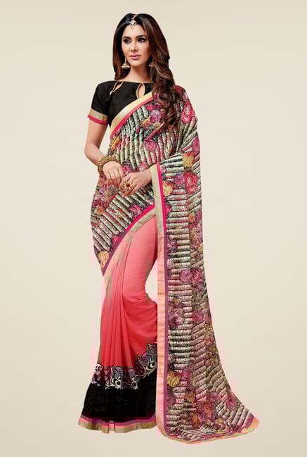 Triveni Astounding Peach Georgette Net Saree Triveni Astounding Peach Georgette Net Saree