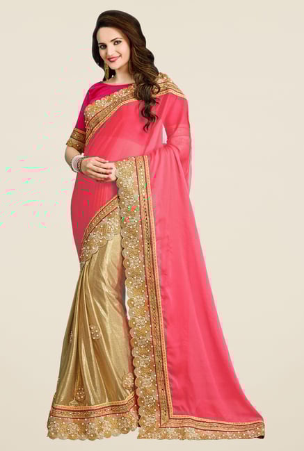 Triveni Alluring Beige & Pink Bamber Chiffon Saree Triveni Alluring Beige & Pink Bamber Chiffon Saree