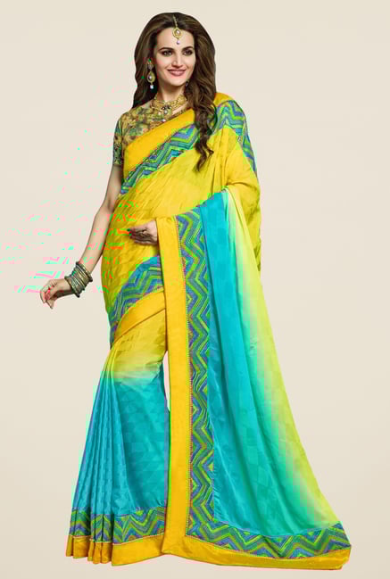 Triveni Wonderful Yellow & Blue Crape Saree Triveni Wonderful Yellow & Blue Crape Saree