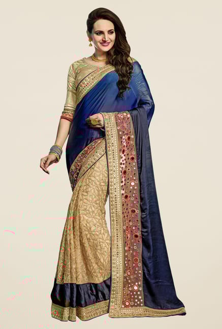 Triveni Sophisticated Beige & Navy Georgette Net Saree Triveni Sophisticated Beige & Navy Georgette Net Saree