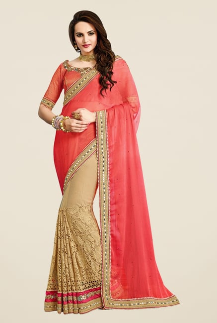 Triveni Elegant Beige & Peach Chiffon Net Saree Triveni Elegant Beige & Peach Chiffon Net Saree