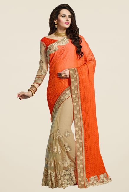Triveni Appreciable Beige & Orange Net Saree Triveni Appreciable Beige & Orange Net Saree