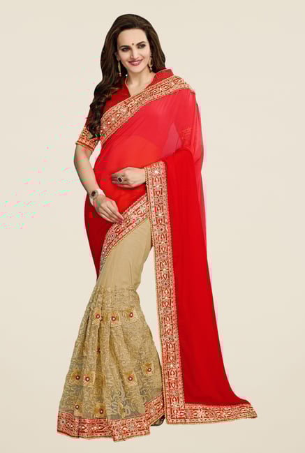 Triveni Impressive Beige & Red Georgette Net Saree Triveni Impressive Beige & Red Georgette Net Saree
