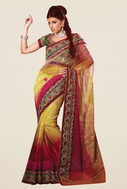 Triveni Exquisite Yellow & Maroon Net Saree Triveni Exquisite Yellow & Maroon Net Saree