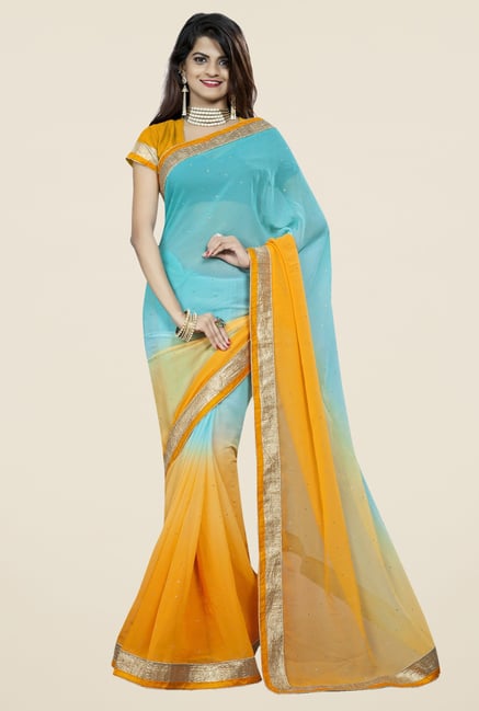 Triveni Appealing Yellow & Blue Chiffon Saree Triveni Appealing Yellow & Blue Chiffon Saree
