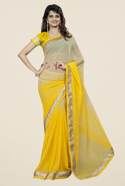 Triveni Striking Yellow & Grey Chiffon Saree Triveni Striking Yellow & Grey Chiffon Saree
