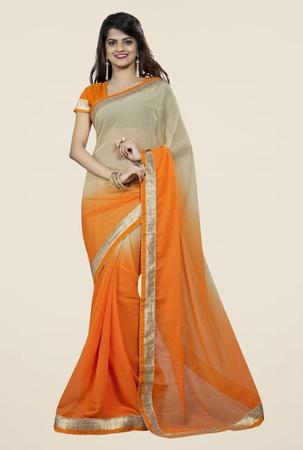 Triveni Fashionable Orange & Beige Chiffon Saree Triveni Fashionable Orange & Beige Chiffon Saree