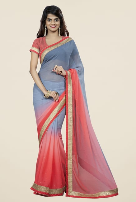 Triveni Delightful Grey & Peach Chiffon Saree Triveni Delightful Grey & Peach Chiffon Saree
