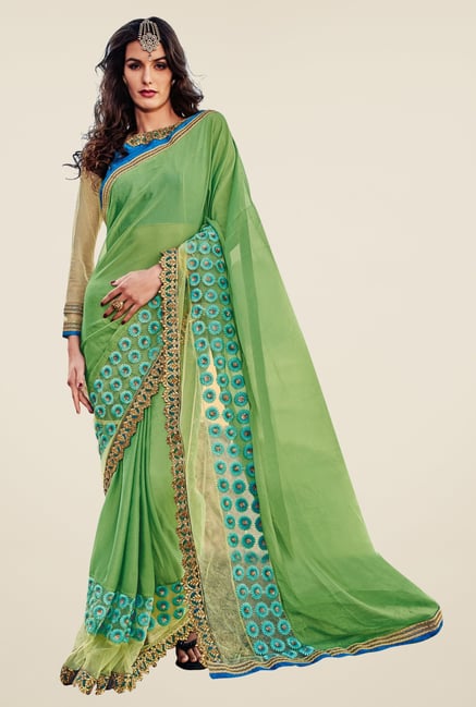 Triveni Glorious Green Embroidered Chiffon Net Saree Triveni Glorious Green Embroidered Chiffon Net Saree