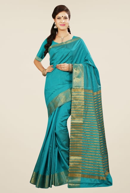 Triveni Attractive Teal Tussar Silk Saree Triveni Attractive Teal Tussar Silk Saree