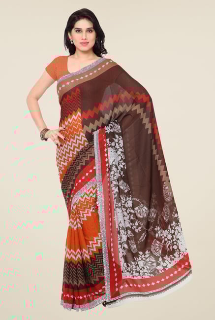 Triveni Beautiful Orange & Brown Faux Georgette Saree Triveni Beautiful Orange & Brown Faux Georgette Saree