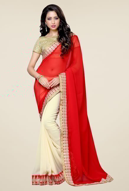 Triveni Elegant Cream & Red Faux Georgette Saree Triveni Elegant Cream & Red Faux Georgette Saree