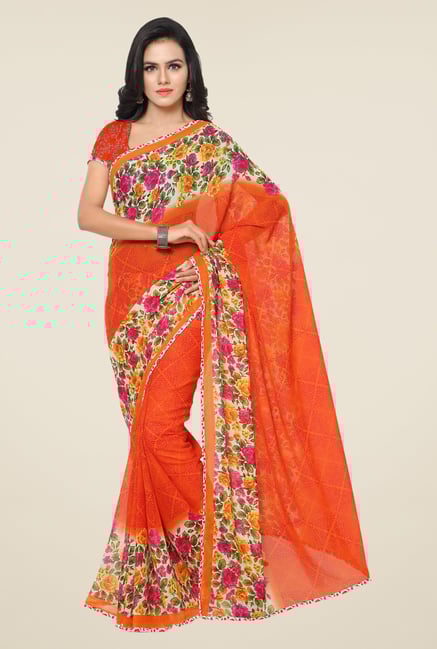 Triveni Stylish Orange Floral Faux Georgette Saree Triveni Stylish Orange Floral Faux Georgette Saree