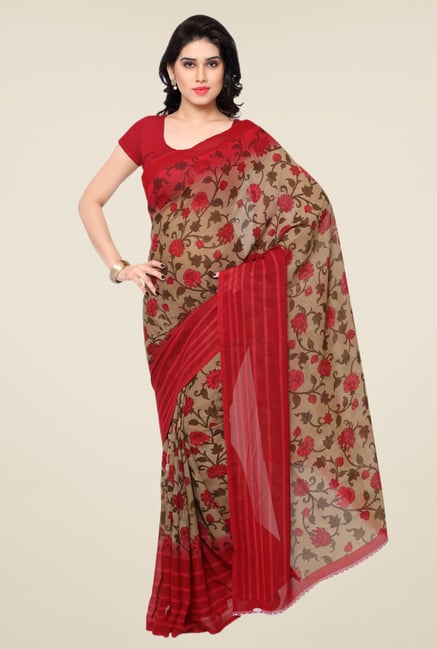Triveni Delightful Beige & Red Faux Georgette Saree Triveni Delightful Beige & Red Faux Georgette Saree