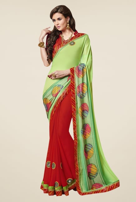 Triveni Classy Red & Green Chiffon Faux Georgette Saree Triveni Classy Red & Green Chiffon Faux Georgette Saree