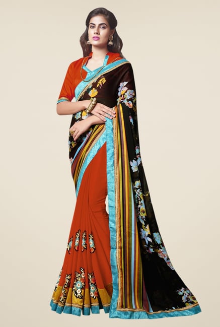 Triveni Appealing Orange & Black Crape Georgette Saree Triveni Appealing Orange & Black Crape Georgette Saree