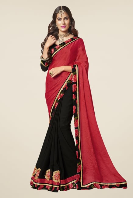 Triveni Elegant Black & Maroon Satin Chiffon Georgette Saree Triveni Elegant Black & Maroon Satin Chiffon Georgette Saree