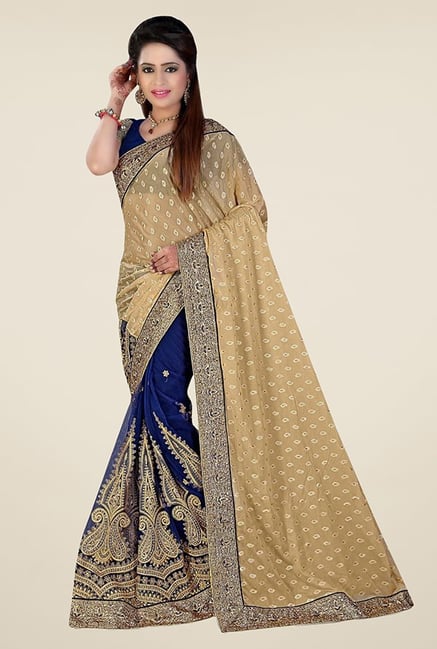 Triveni Fascinating Navy & Beige Lycra Net Saree Triveni Fascinating Navy & Beige Lycra Net Saree