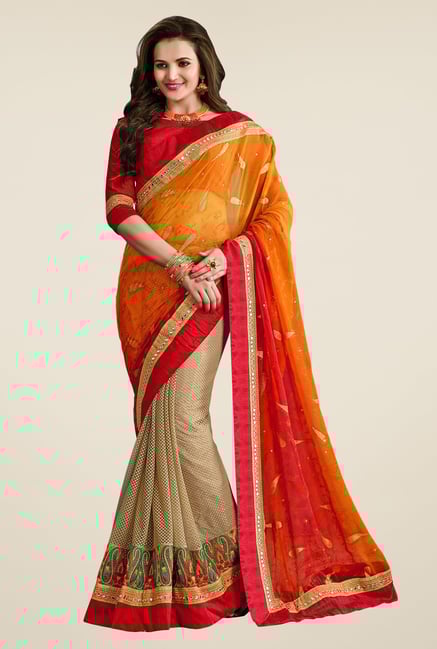 Triveni Classy Beige & Orange Brasso Net Saree Triveni Classy Beige & Orange Brasso Net Saree