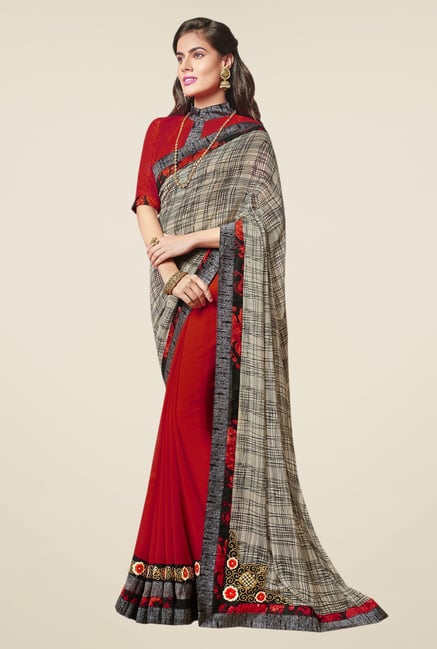 Triveni Fanciful Maroon & Beige Faux Georgette Saree Triveni Fanciful Maroon & Beige Faux Georgette Saree