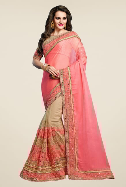 Triveni Trendy Beige & Peach Chiffon Net Saree Triveni Trendy Beige & Peach Chiffon Net Saree