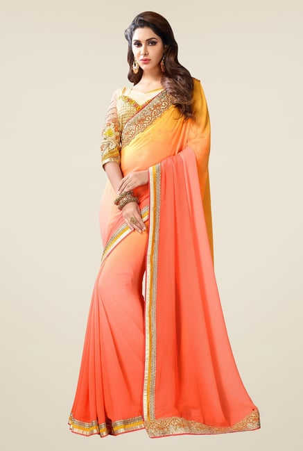 Triveni Pretty Peach Bamber Georgette Saree Triveni Pretty Peach Bamber Georgette Saree